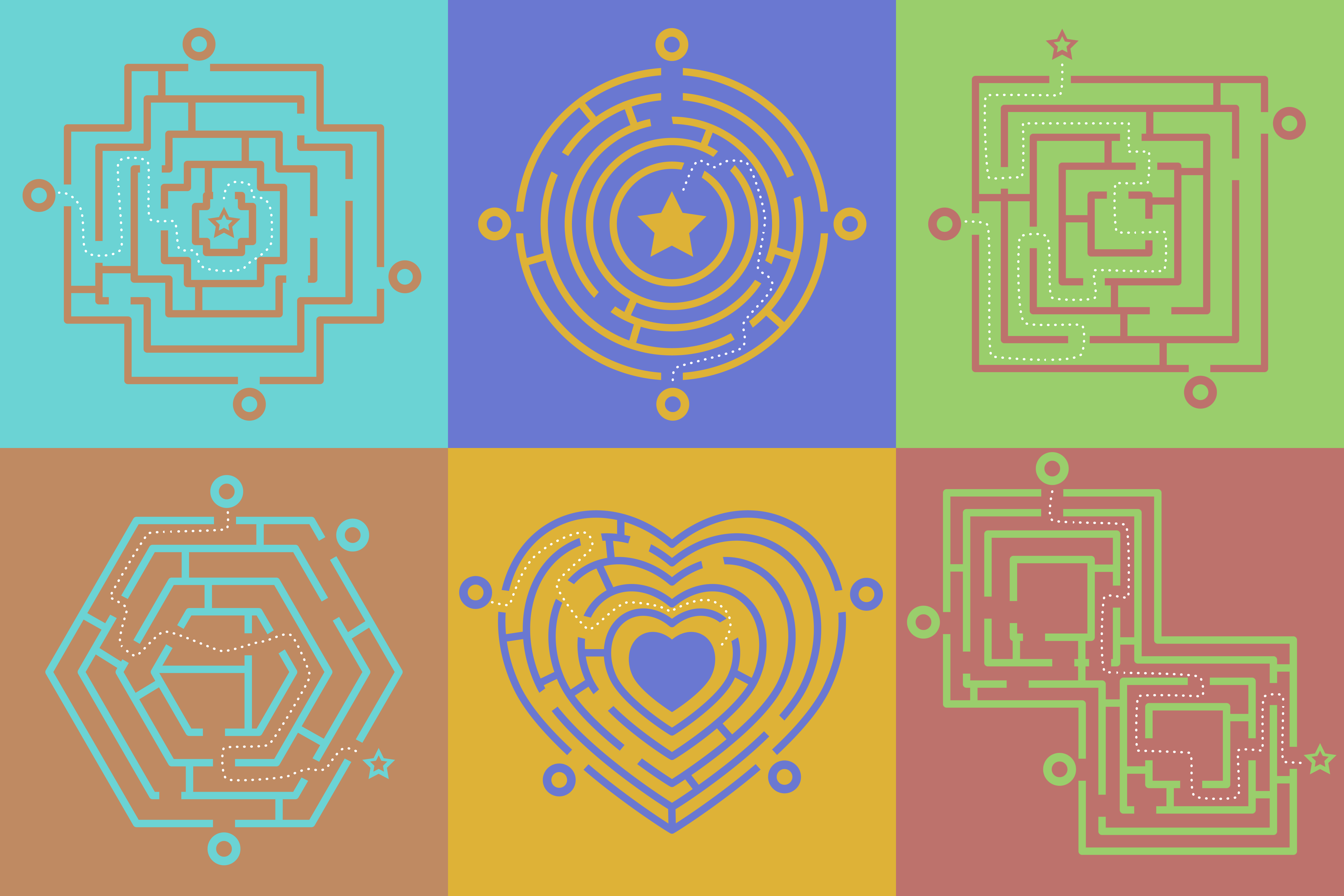 Cover Image: Six multi-colored panels featuring different maze shapes.