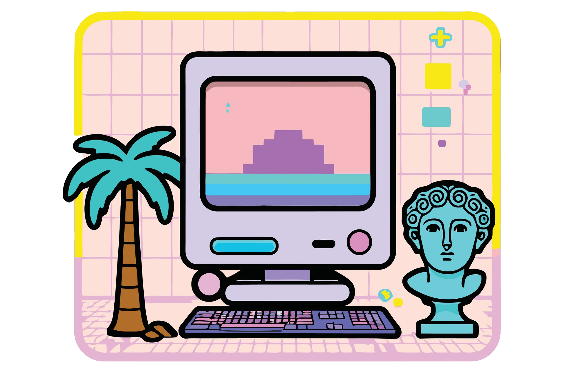 Cover Image: A vaporwave scene consisting of a computer, a keyboard, a palm tree, and an Ancient-Greek-style bust on a pastel grid background.