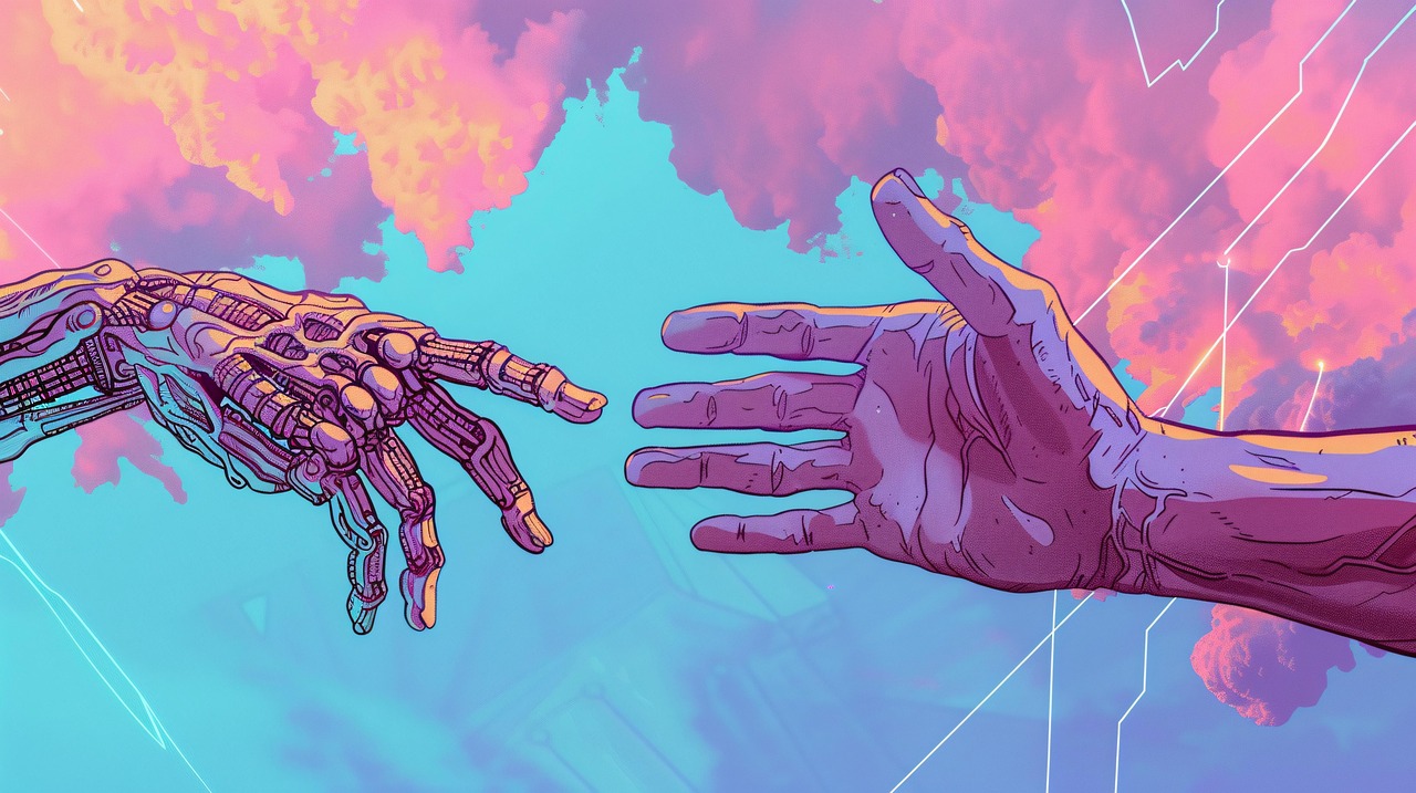 Cover Image: A mechanical hand and a human hand reach toward each other with a blue sky and pink clouds in the background.