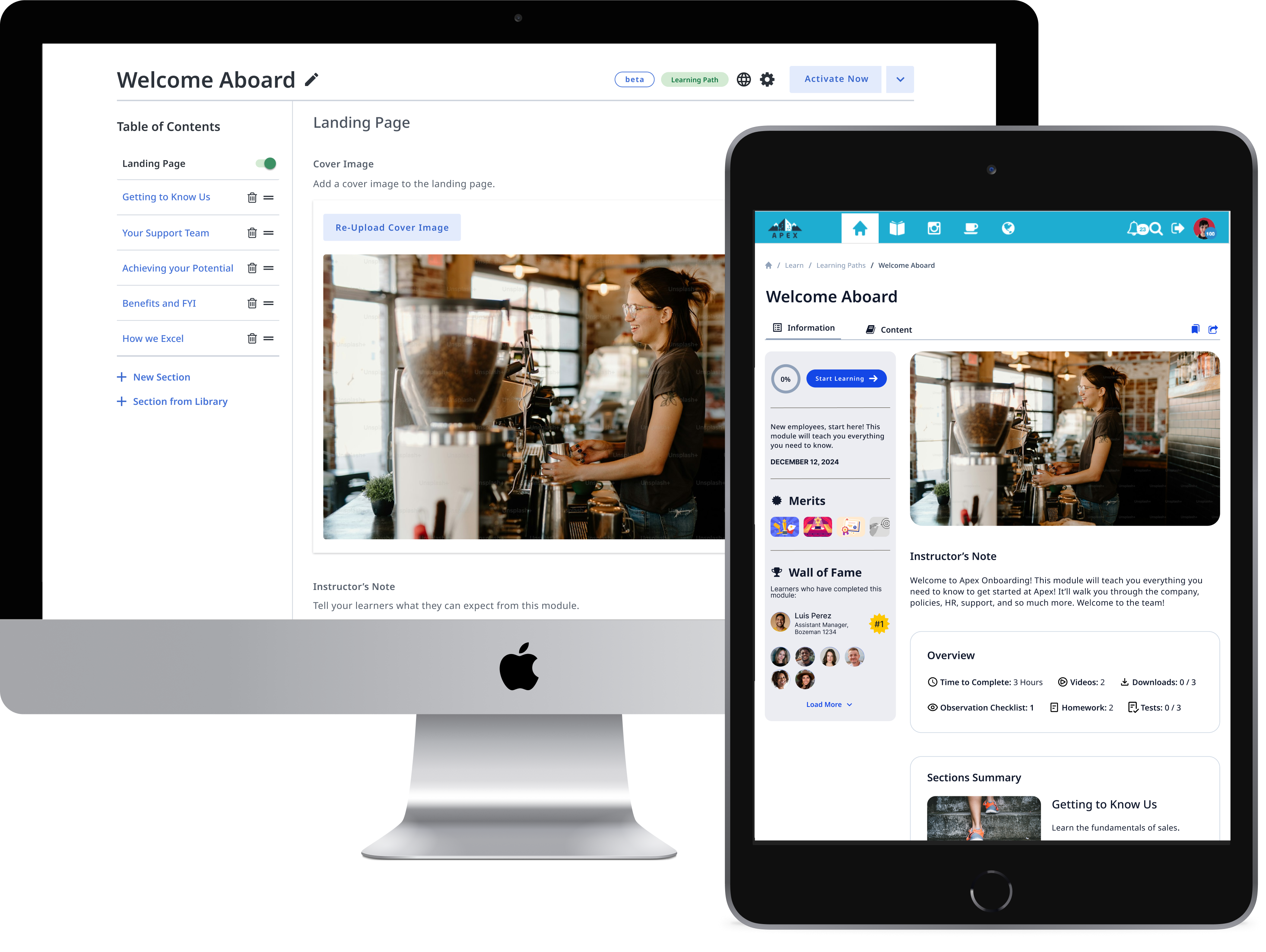 Three screens showcasing the learning content builder, and the learner experience course landing page, and course content with a course progress tracker.