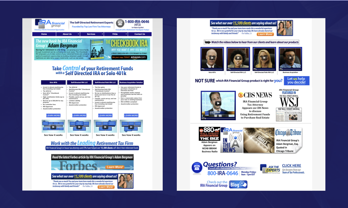Two screenshots showcasing the original IRA Financial Website in 2018