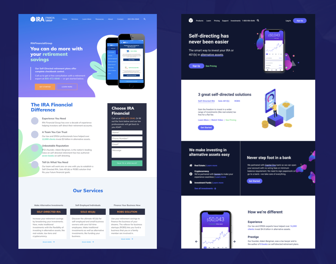 Two screenshots showcasing the 2019 website on the left and the 2020 version-current (at time of writing) on the right.