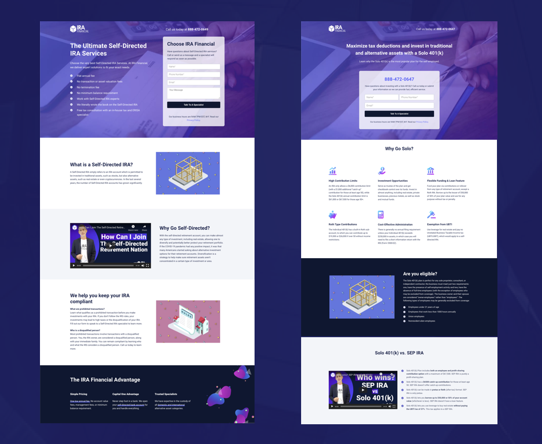 Two landing pages used to create A/B tests