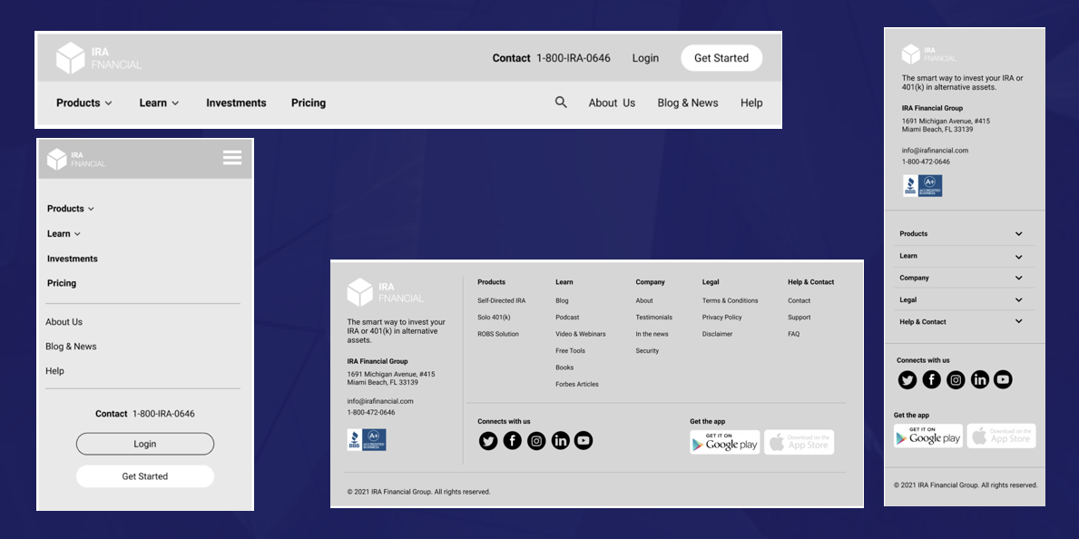 Screenshots of proposed updates to the navigation and footer of the website