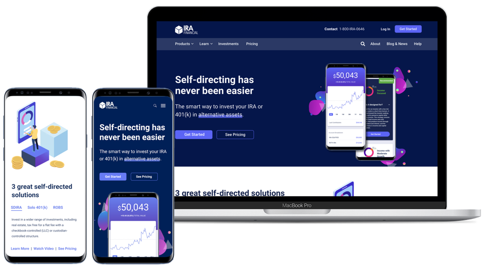 Phones and a laptop showcase the IRA Financial Website design, along with its mobile version.