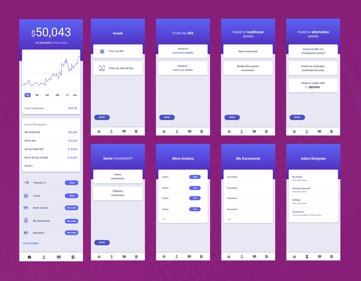 Several screens showcasing the second iteration of the IRA Financial App