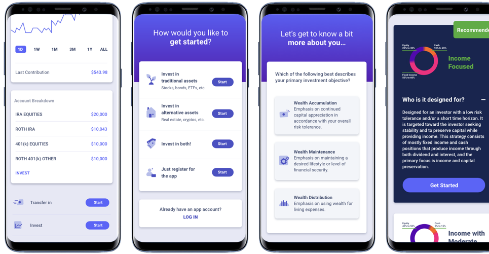 Four phones showcasing the IRA Financial app. On the dashboard, clients can see their portfolio value, trends, and more options. The other screens show a 'Getting Started' flow, resulting in the suggestion of a retirement strategy based on client responses.