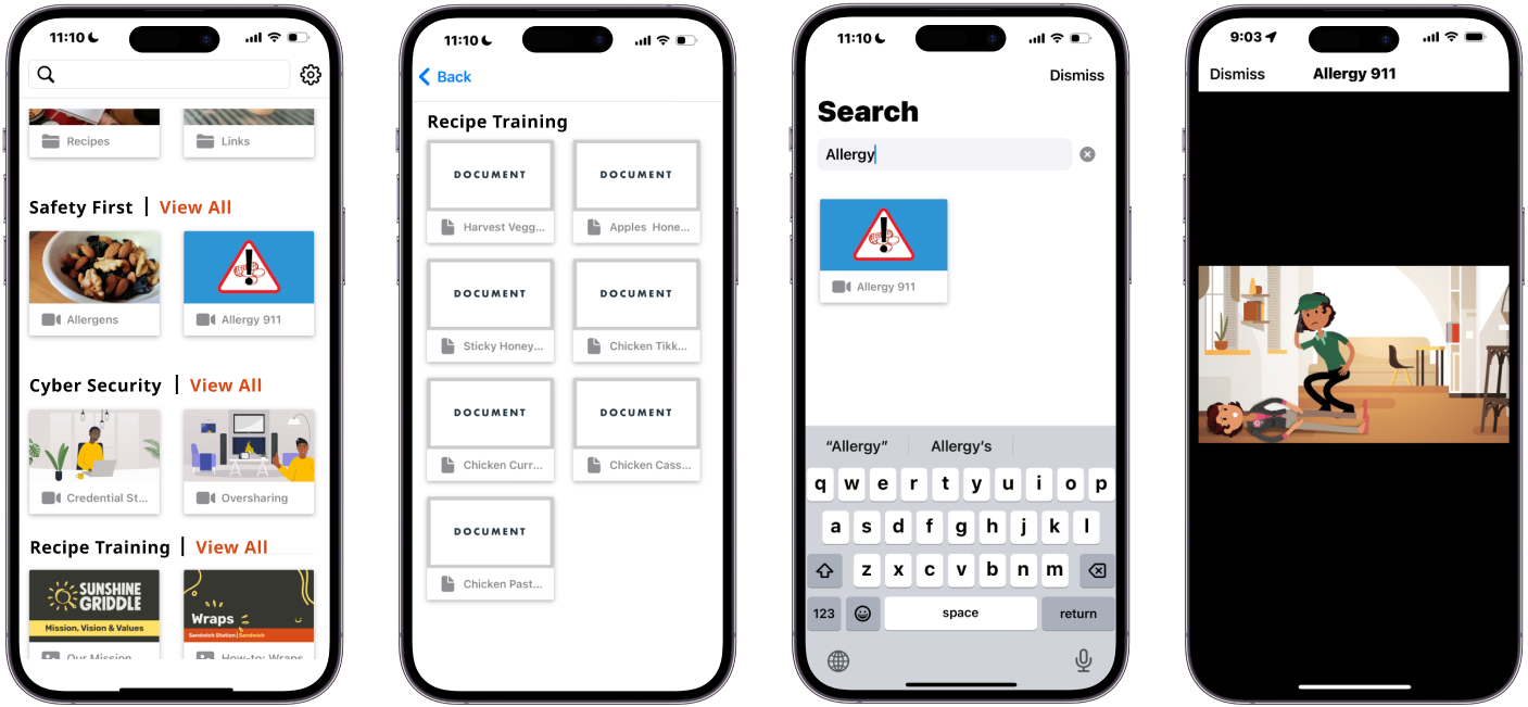 Phones showcasing how the Multimedia Resource Library looks on the app.