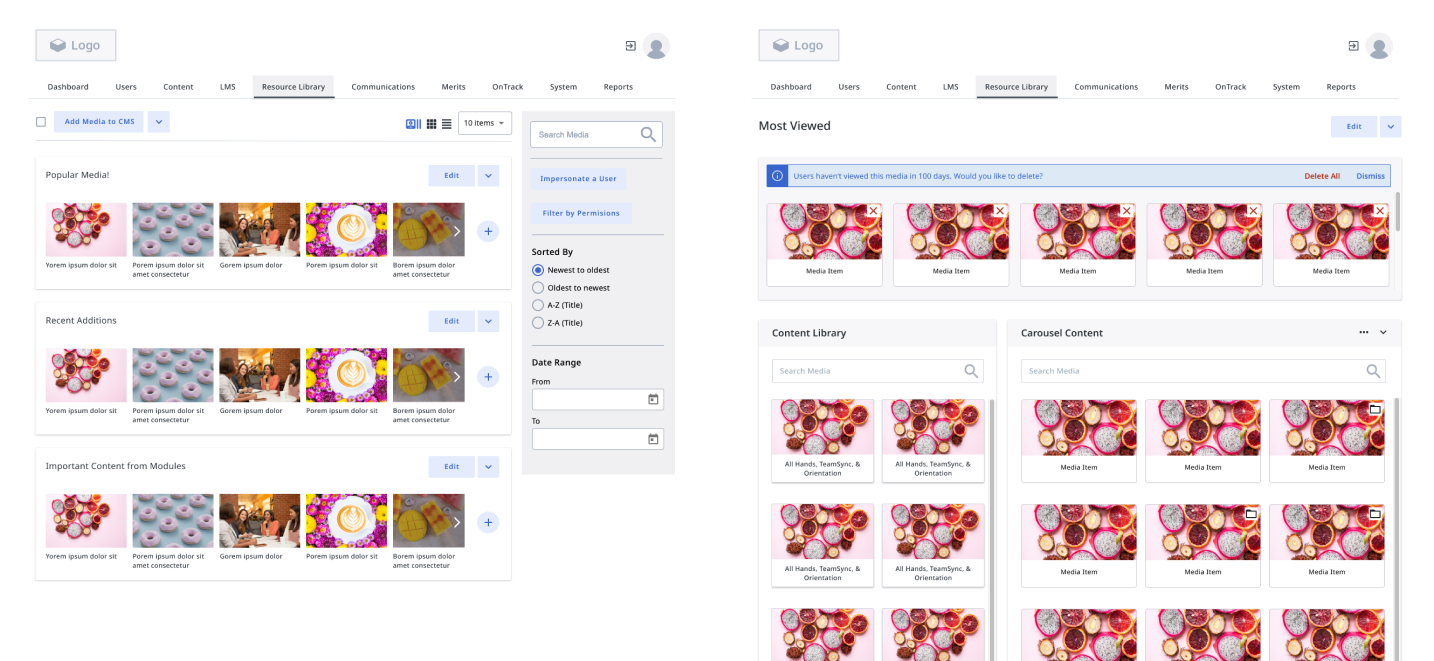 Screenshots showcasing the Multimedia Resource Library Builder first drafts.