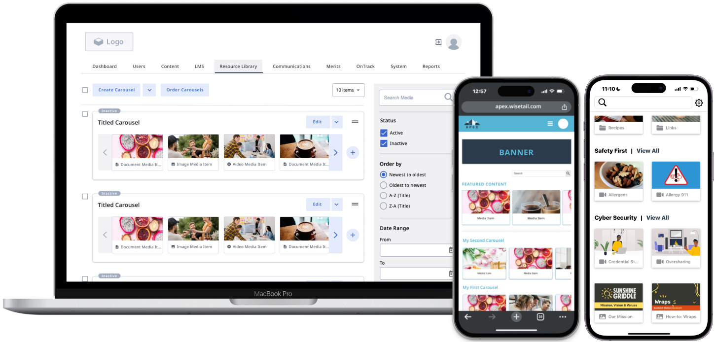 Laptop and phones showcasing the desktop view of the builder and mobile views of the created library on the web and mobile apps.
