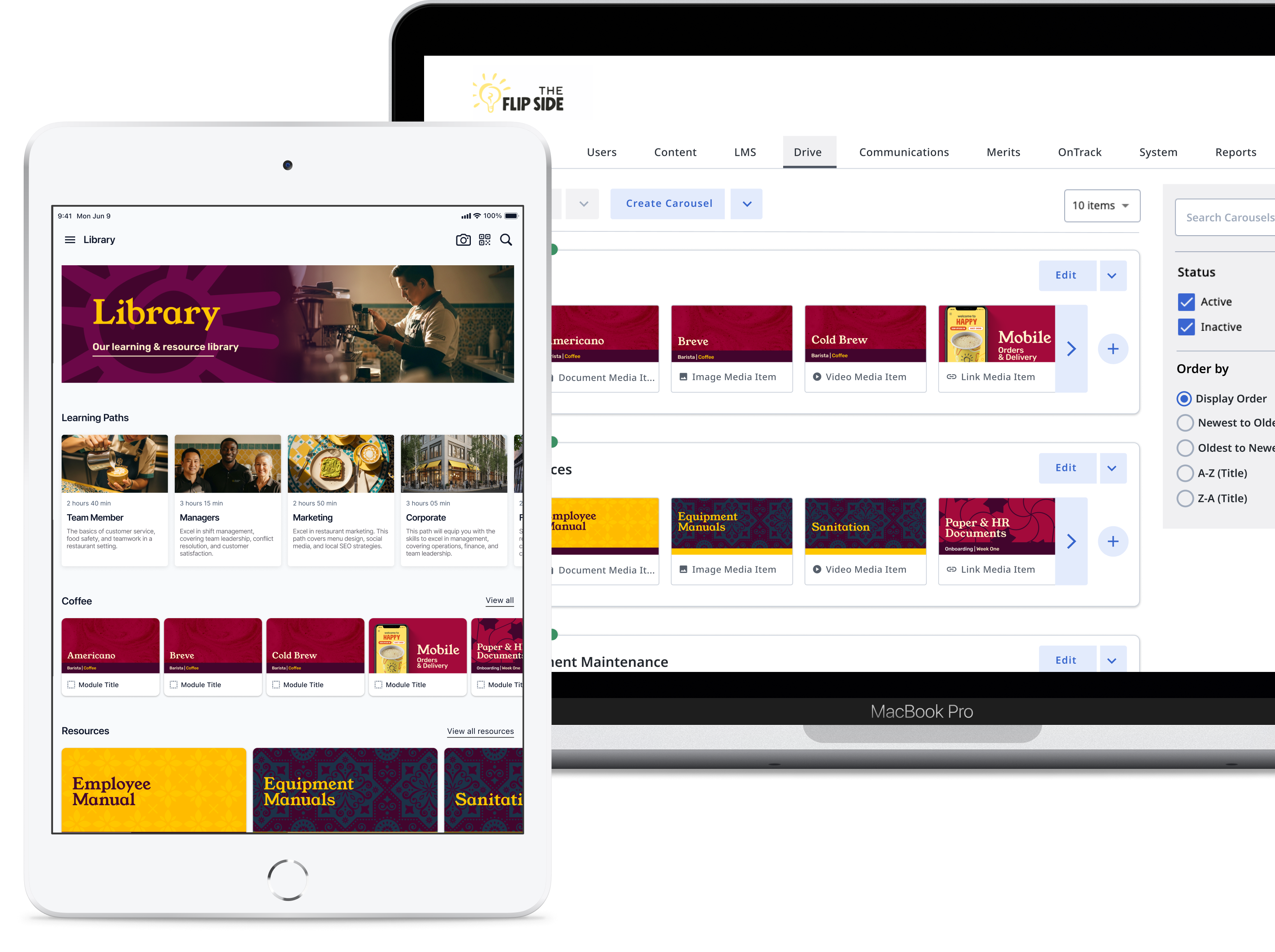 A laptop and phone showcasing the Multimedia Resource Library builder and its corresponding app. The builder allows administrators to build a content library, which is the accessible to their end-users via an app.